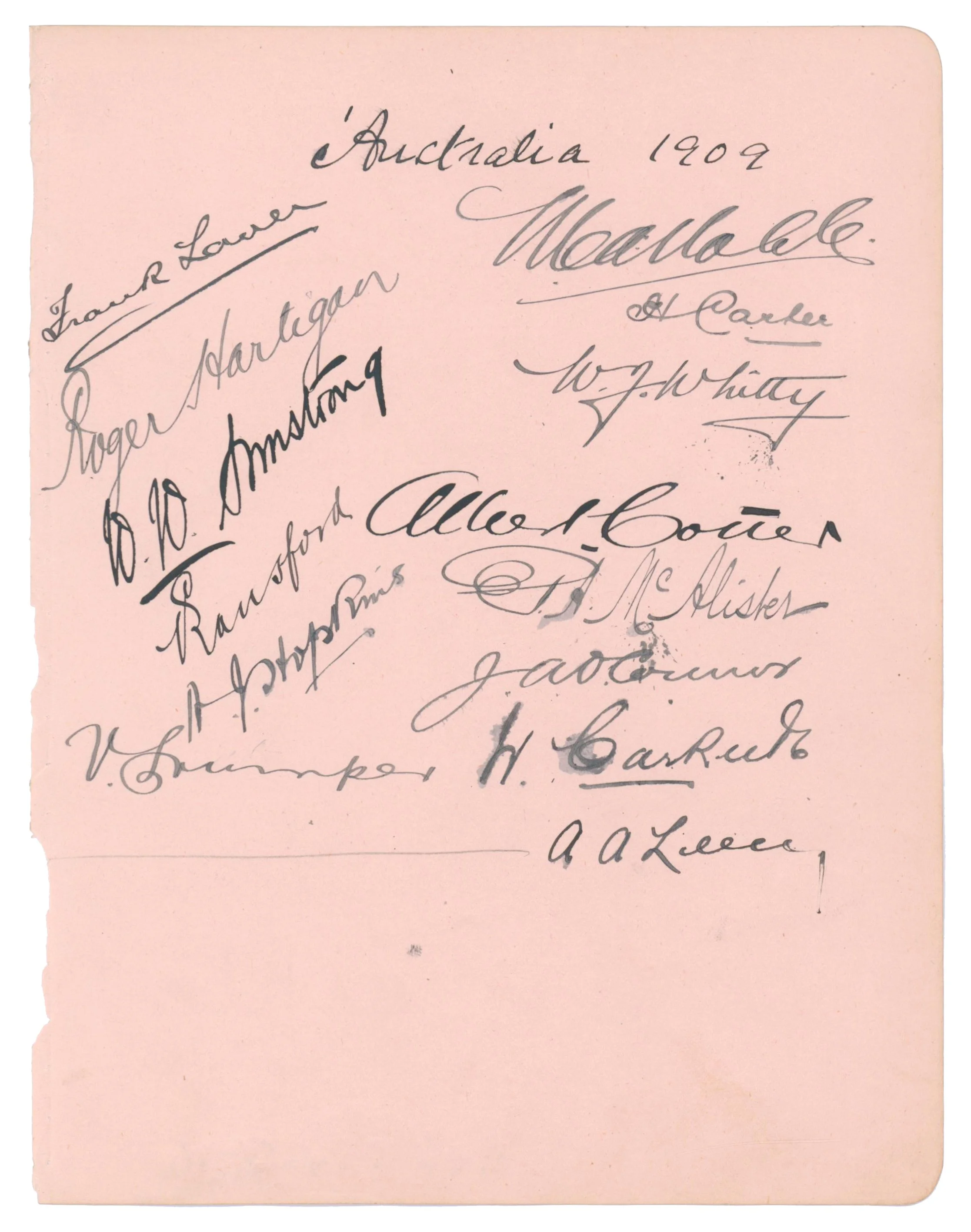 Lot 207

Australia tour to England 1909. Large album page very nicely signed in black ink by thirteen members of the Australian touring party. Signatures are Laver, Noble, Hartigan, Carter, Armstrong, Whitty, Ransford, Cotter, Hopkins, McAlister, O'C