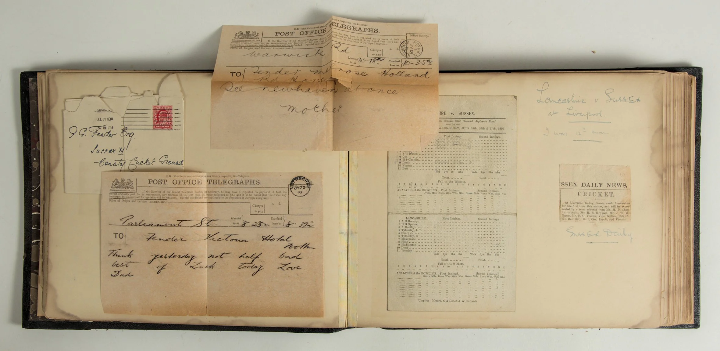 Lot 154

Percy George Herbert Fender. Sussex, Surrey & England 1910-1935. 'P.G.H. Fender Scrapbook'. Excellent original album, compiled personally by Fender covering his early cricket career from 1908 to 1911, comprising a comprehensive selection inc