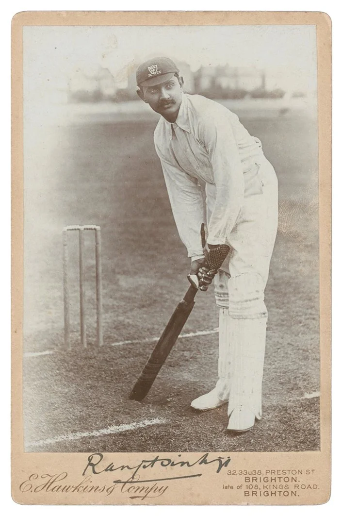 Lot 961

Kumar Shri Ranjitsinhji. Sussex & England 1895-1920. Original mono cabinet card photograph of Ranjitsinhji standing at the wicket in batting pose wearing his Sussex cap. Nicely signed to lower border by Ranjitsinhji in black ink. Photograph 