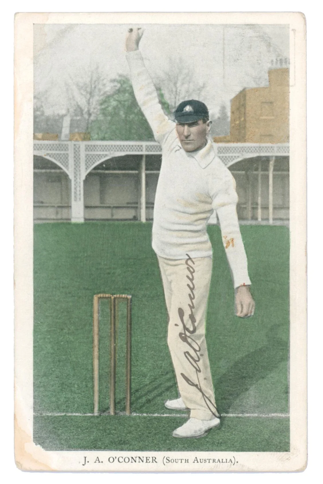 Lot 794

John Denis Alphonsus O'Connor. New South Wales, South Australia & Australia 1904-1910. Tinted colour printed postcard of O'Connor, full length, in bowling pose wearing Australian cap at Lord's during the Australian tour of England in 1909. N