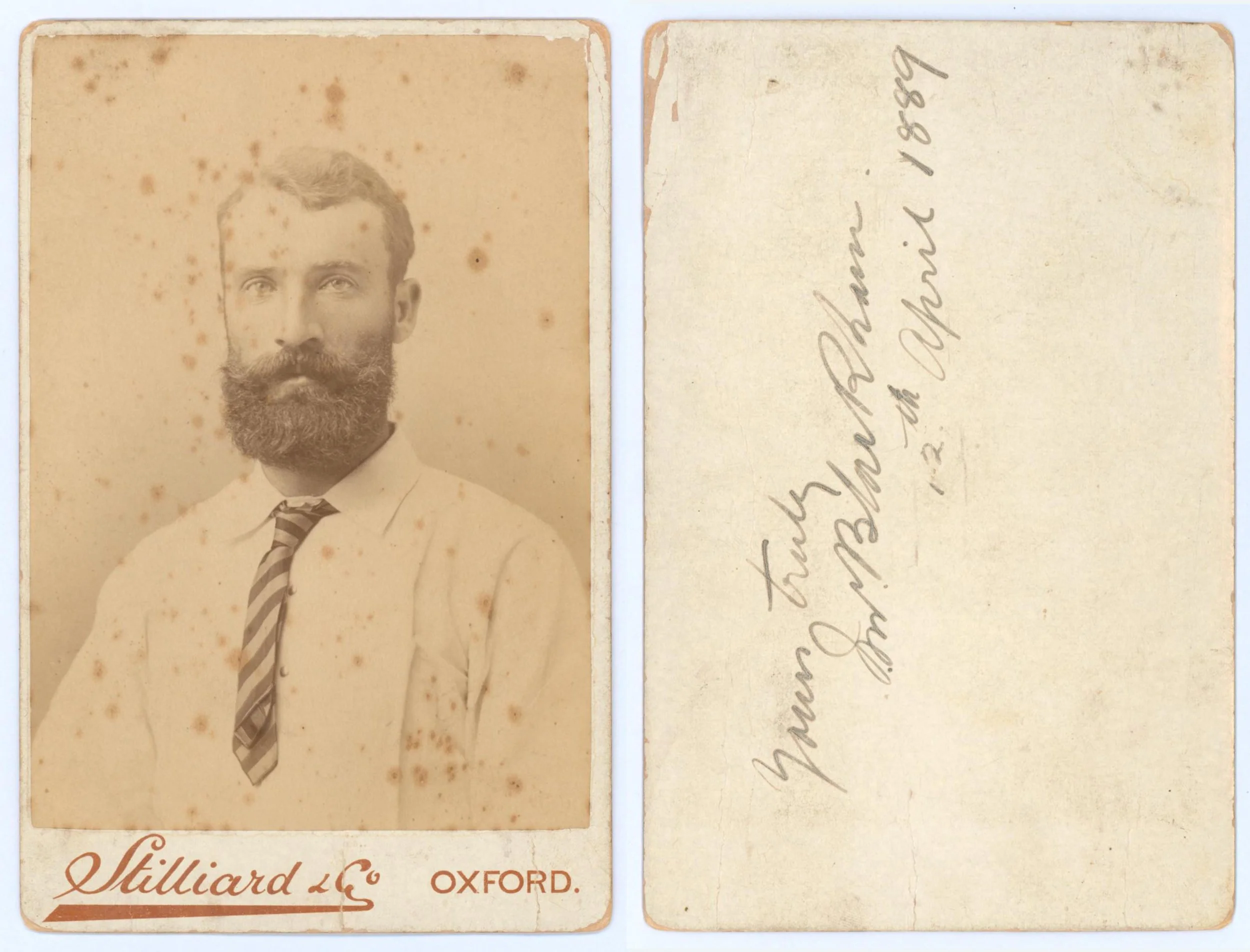Lot 601
John McCarthy 'Jack' Blackham. Victoria & Australia 1874-1895. Early original sepia cabinet card photograph of Blackham, head and shoulders, wearing shirt and tie. Nicely signed to the verso in black ink by Blackham and dated 12th April 1889