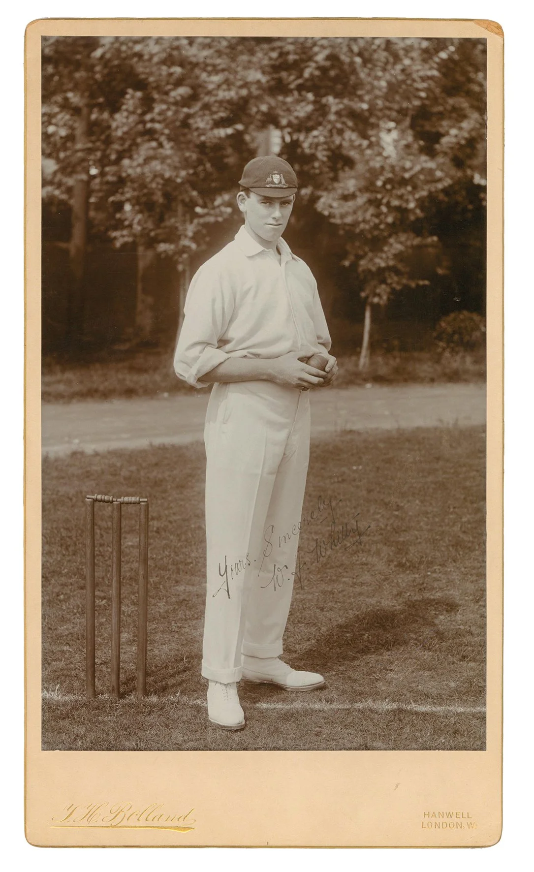 Lot 278

William James Whitty. New South Wales, South Australia & Australia, 1907-1926. Excellent extra large mono 'Imperial' cabinet card of Whitty, full length in bowling pose holding the ball and wearing Australian cap. Very nicely signed in black