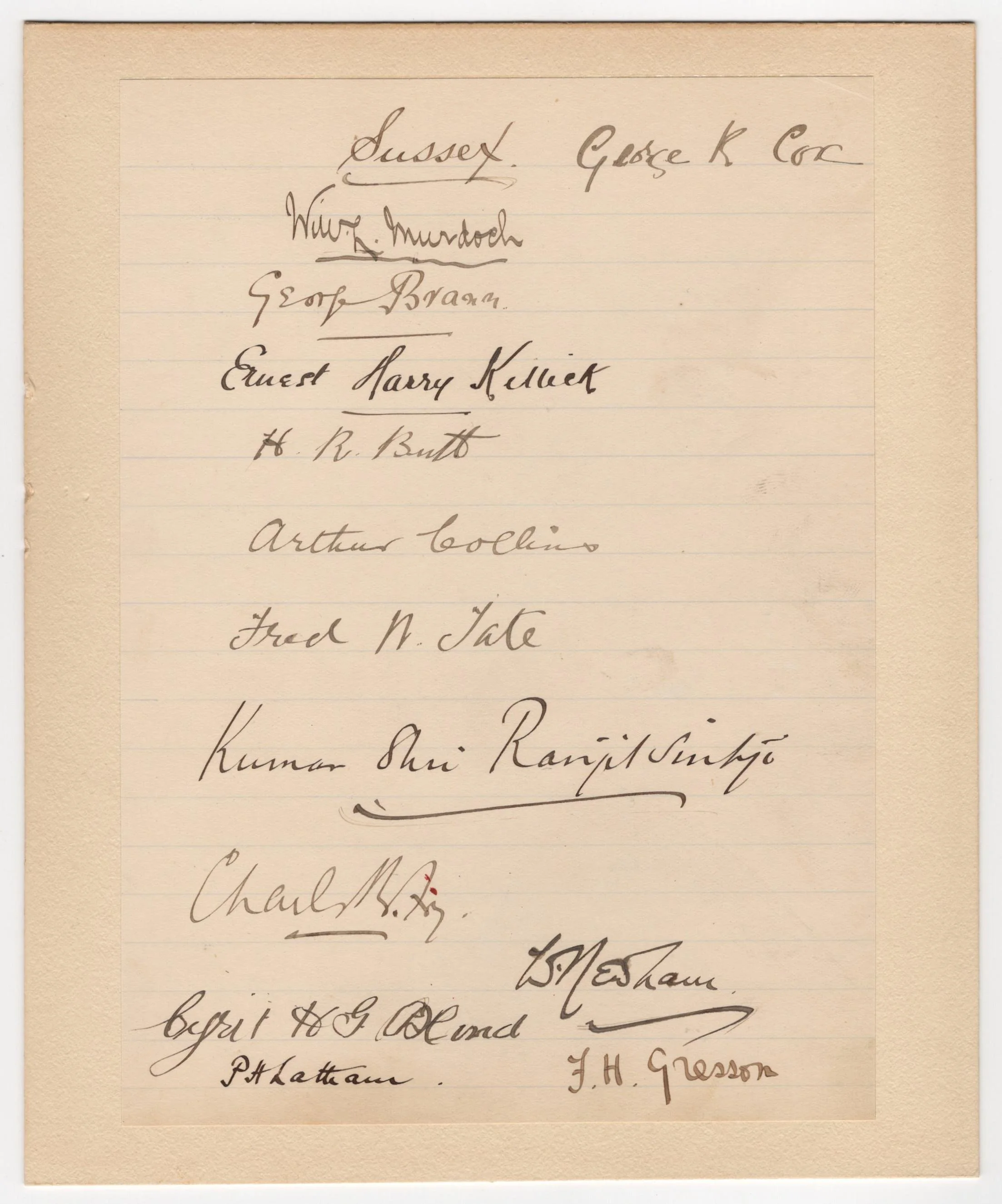 Lot 298
Sussex C.C.C. 1899. Large original lined page beautifully signed in ink by the Sussex team who played Kent at The Angel Ground, Tonbridge on the 5th to 7th June 1899. Thirteen signatures in total, the eleven that played at Tonbridge plus the