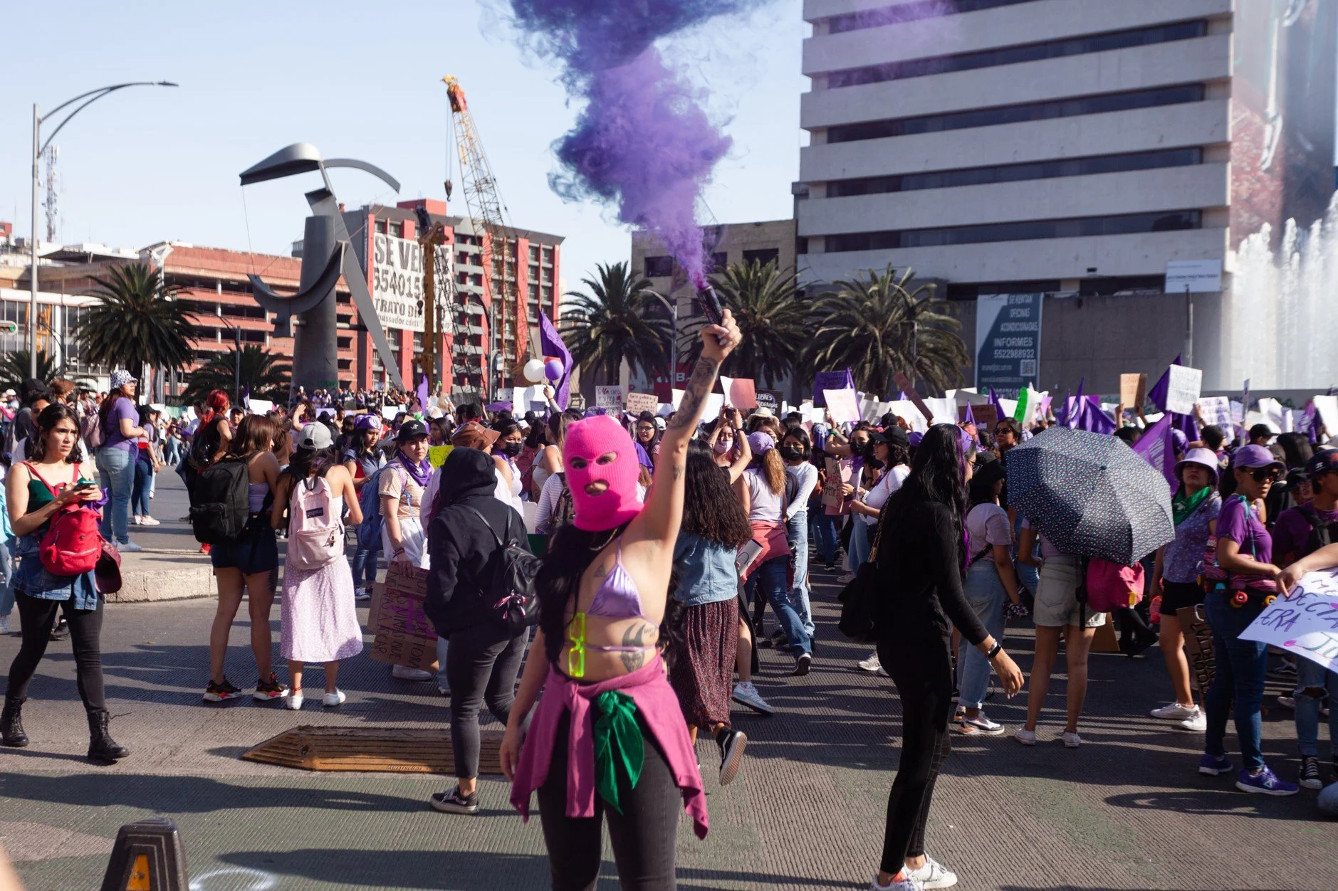 A large protest with many women holding signs and flags, one woman wearing a pink ski mask and holding up a purple smoke flare in an urban area with palm trees and modern buildings.