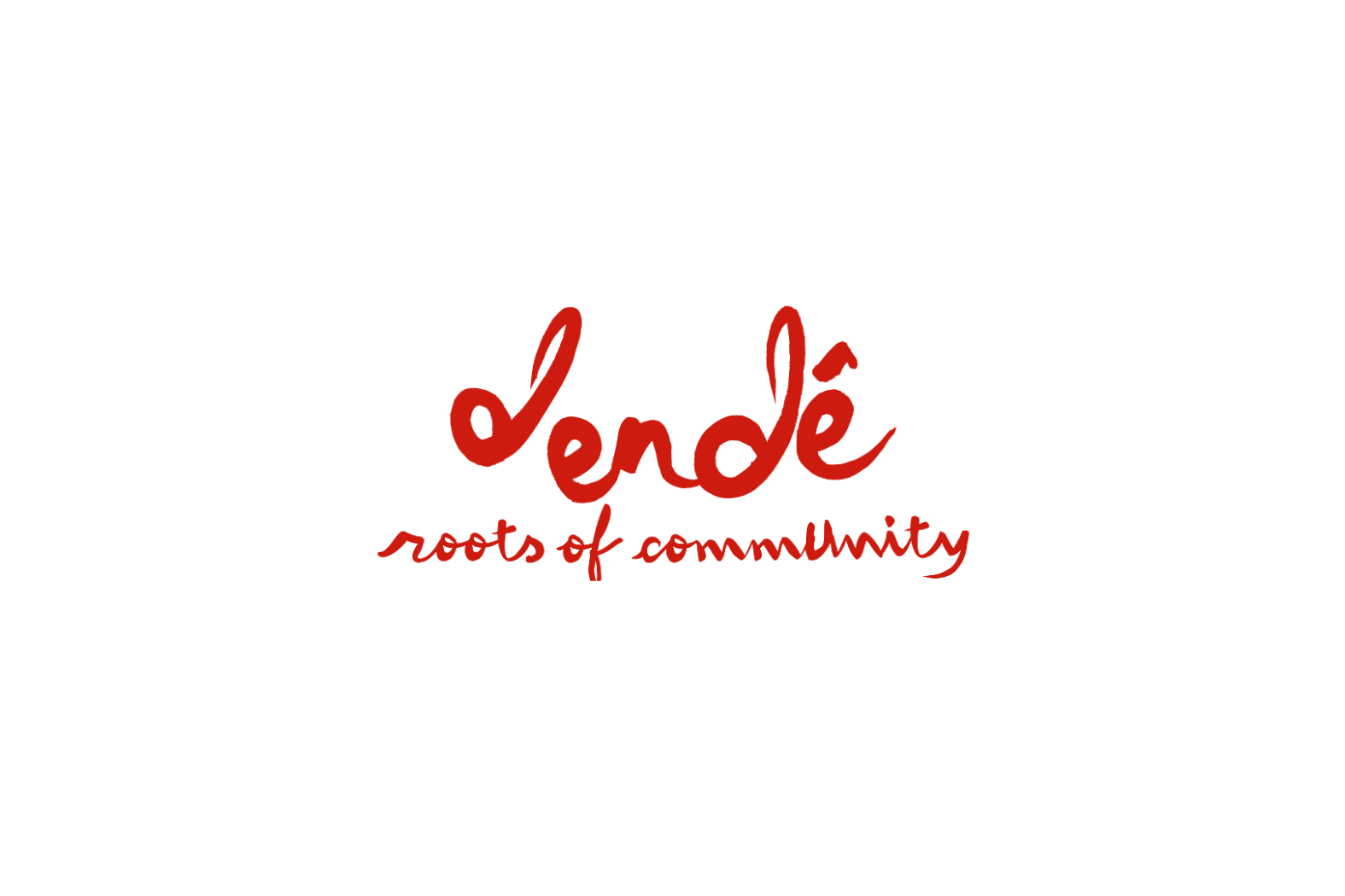 Logo with the word 'dende' in red cursive, 'roots of community' in red handwritten font, and 'NHC 2025' in bold white text against a black background.