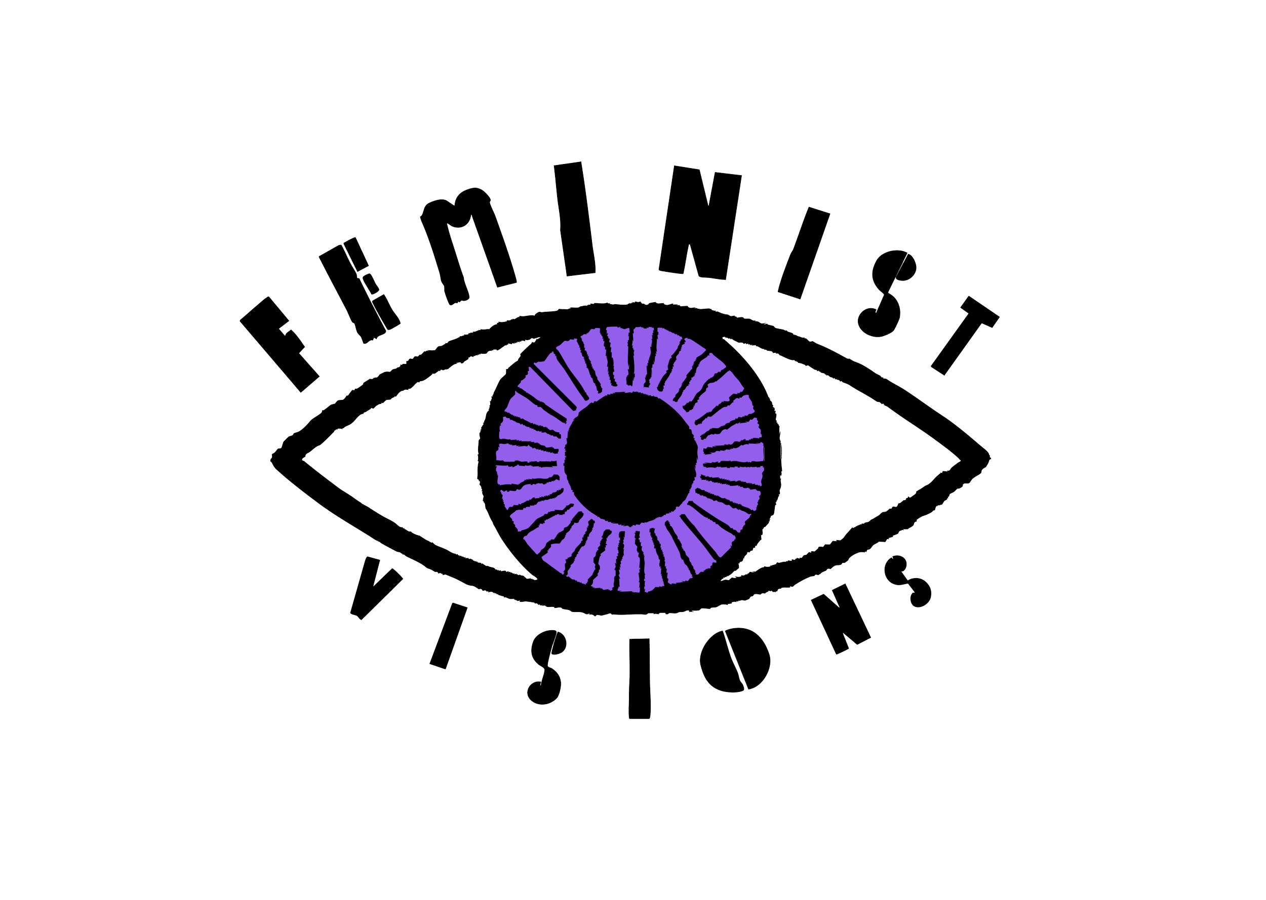 Feminist Visions logo with the eye's iris in purple with radiating lines and a black pupil.