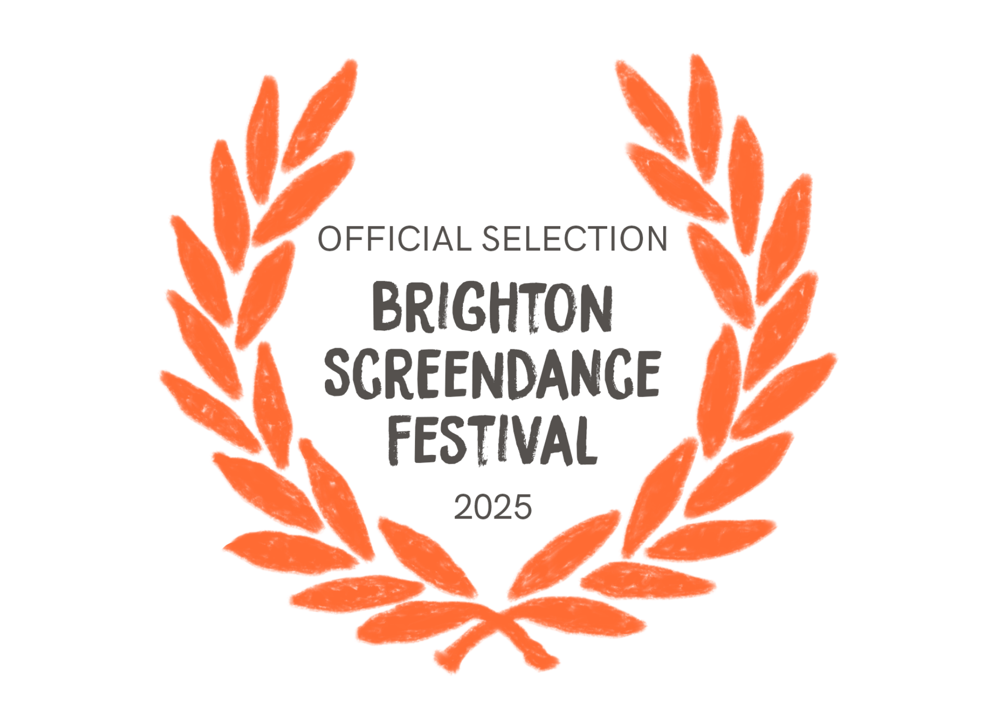 Award laurel wreath in orange with text indicating official selection for Brighton Screendance Festival 2025.