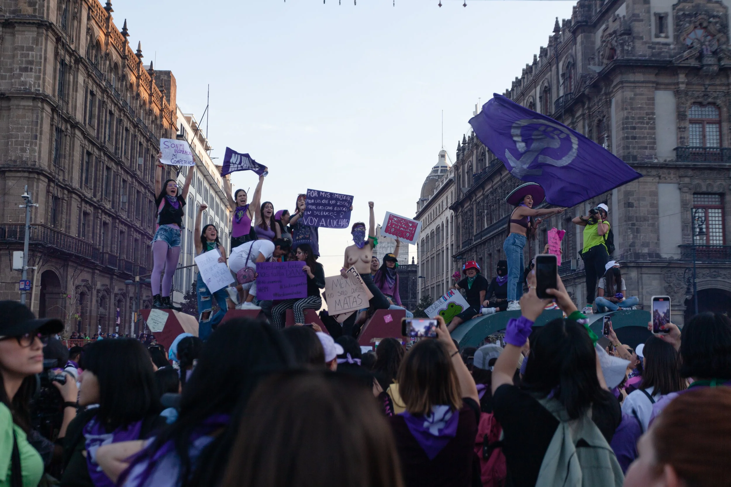 Women protesting on a city street during a demonstration, holding signs and waving flags, with a crowd gathered around them and historic buildings in the background.