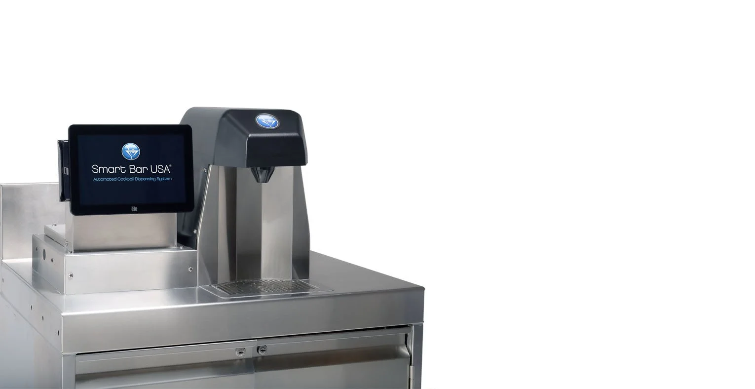 Automated cocktail dispensing system with touchscreen labeled Smart Bar USA