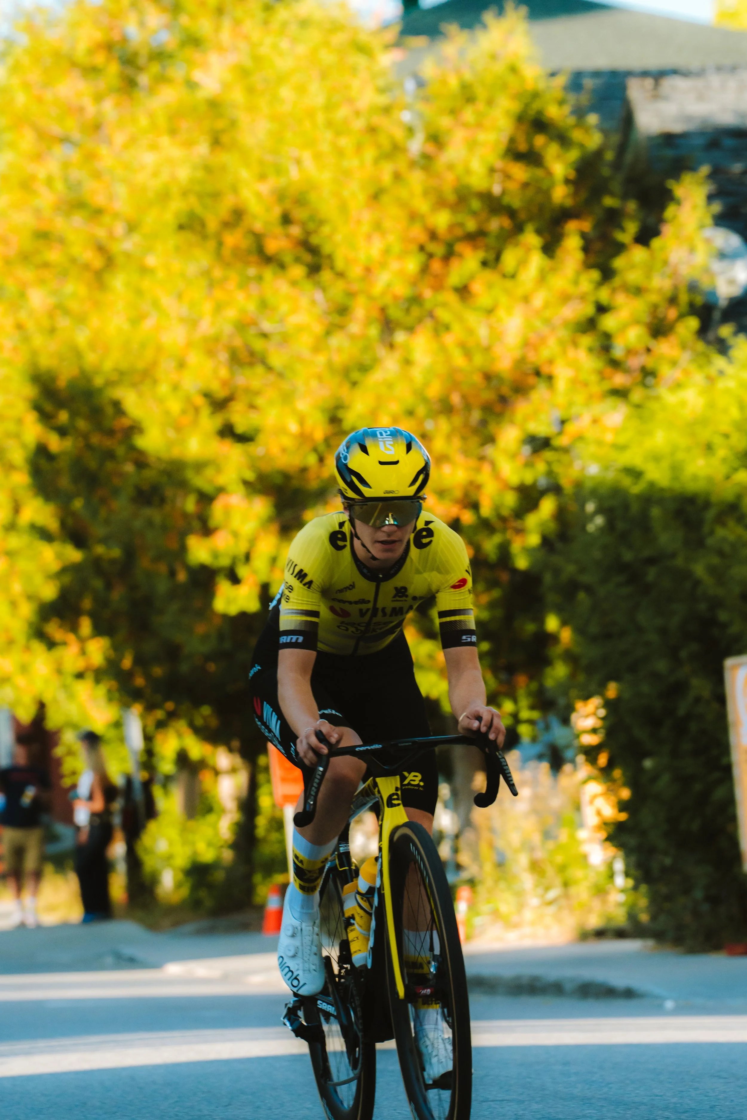 A cyclist in a yellow jersey and black shorts riding a black and yellow road bicycle on a tree-lined road during a race.