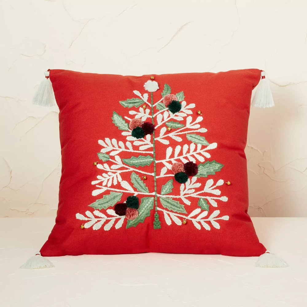 Embroidered Christmas Tree Square Throw Pillow with Pom Poms Red - Opalhouse designed with Jungalow.png