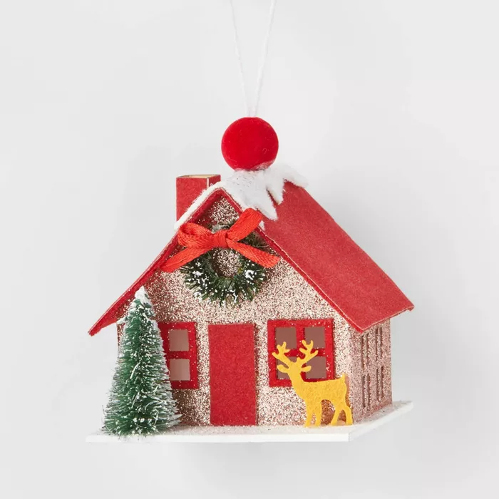 Paper A-Frame House Sparkle Christmas Tree Ornament Red - Wondershop.png
