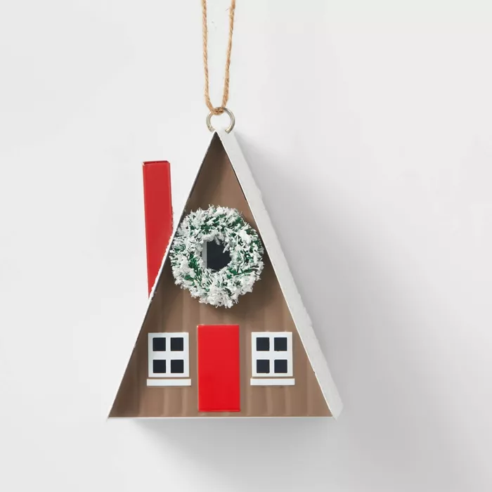 Metal House with Wreath Christmas Tree Ornament Brown - Wondershop.png
