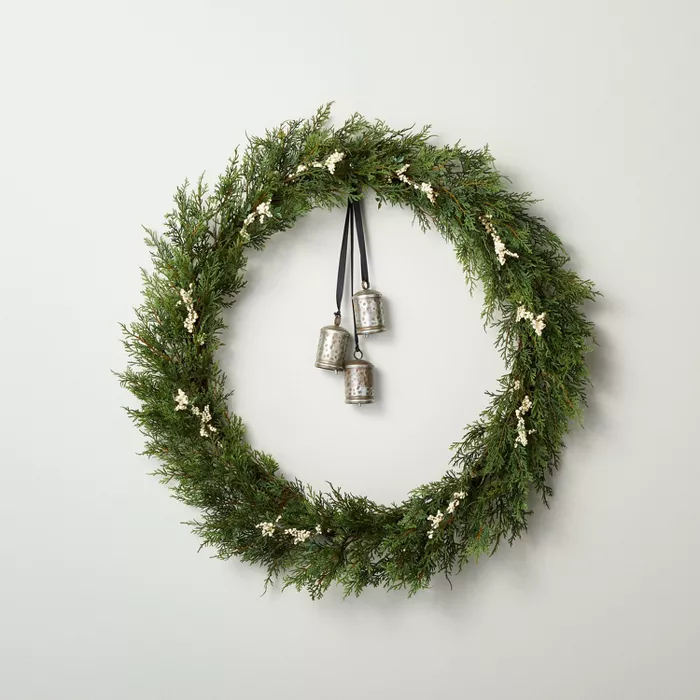 32_ Faux Cedar Plant Wreath with White Berries and Bells - Hearth & Hand with Magnolia.png