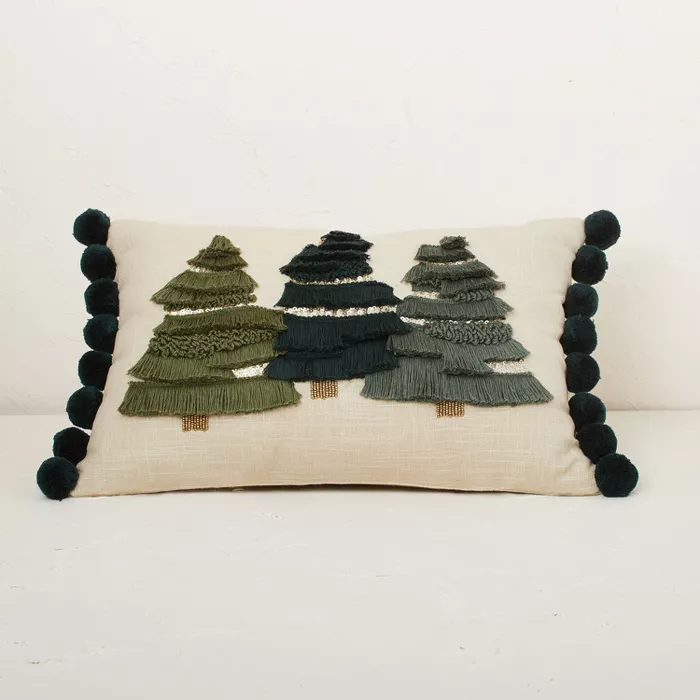 Fringed Three Christmas Trees with Pom-Poms Lumbar Throw Pillow Green - Opalhouse designed with Jungalow.png