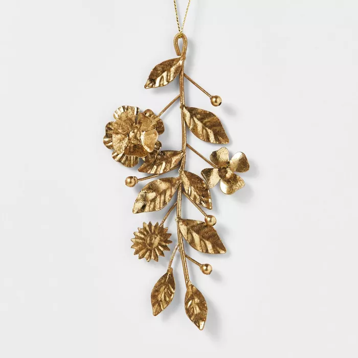 Metal Spring Leaves and Flowers Christmas Tree Ornament Gold - Wondershop.png