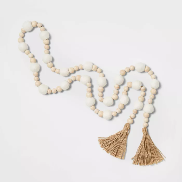 6ft Wood Beaded Garland with Gold Tassels White_Natural - Wondershop.png