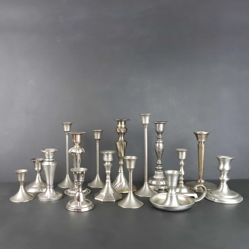 Read the full title Silver Candlestick _ Vintage Candle Holder You Choose Sold Individually _ Pewter Aluminum Silverplated _ French Farmhouse Christmas Decor.png