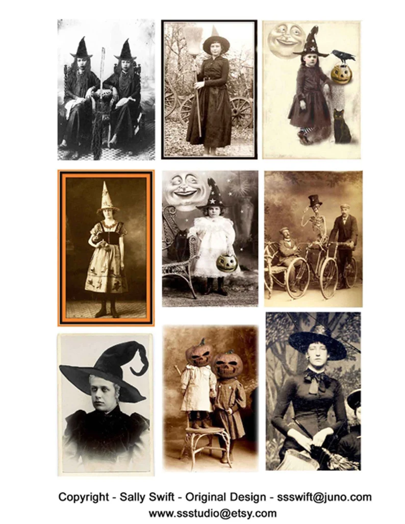 Read the full title Vintage Halloween Photos, Digital Halloween images, witches, Skeleton, Pumpkin Head, Printable download, Scrapbook Clip art, junk journals.png