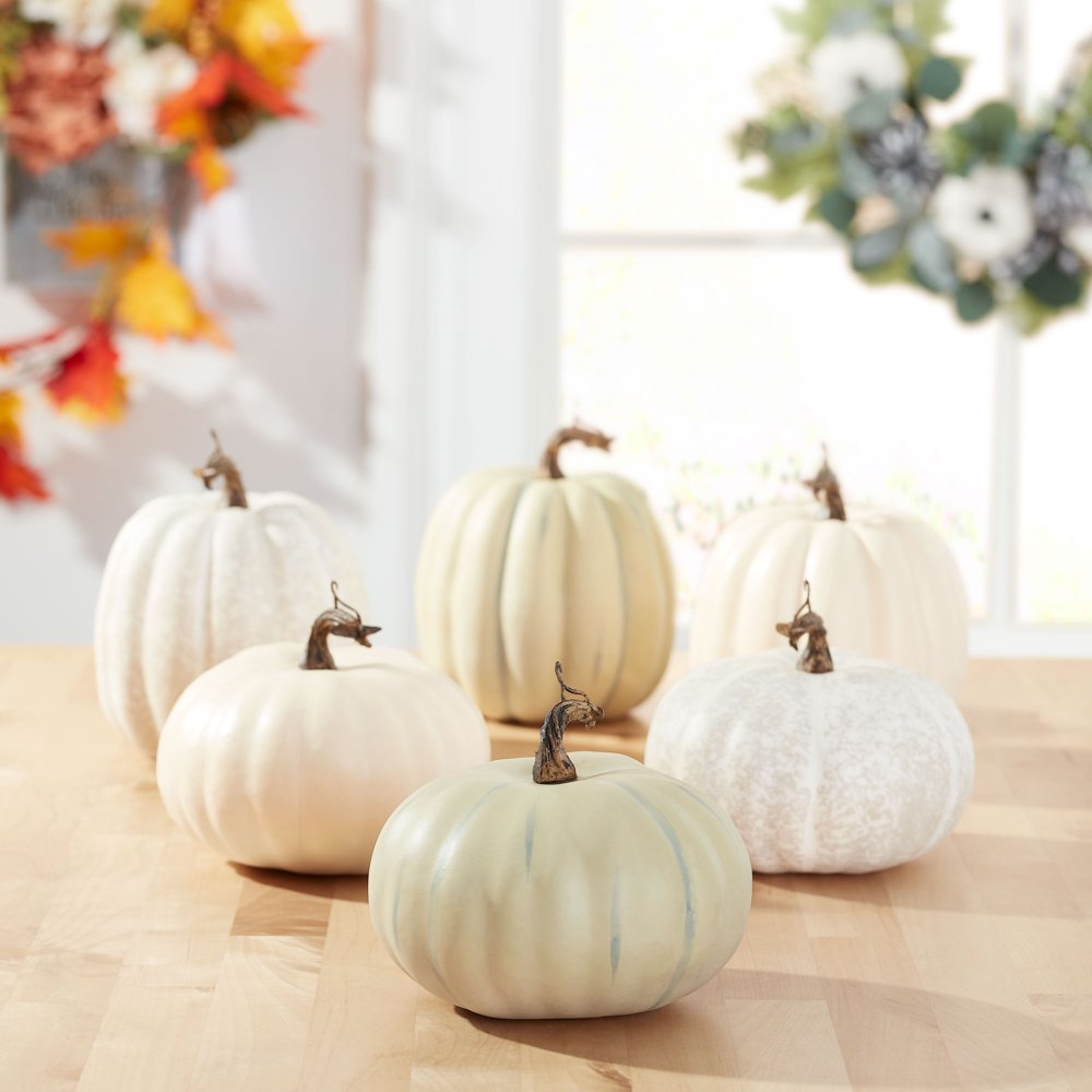 Way to Celebrate Harvest Foam Natural Decoration Pumpkin, Set of 6 in White_Green Color, 5” tall.png