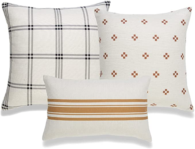 Hofdeco Modern Boho Decorative Lumbar Throw Pillow Cover ONLY, for Couch, Sofa, Bed, Plaid Mustard Yellow Stripes Rust Ethnical Dots, 18_x18_ 20_x20_ 12_x20_, Set of 3.png