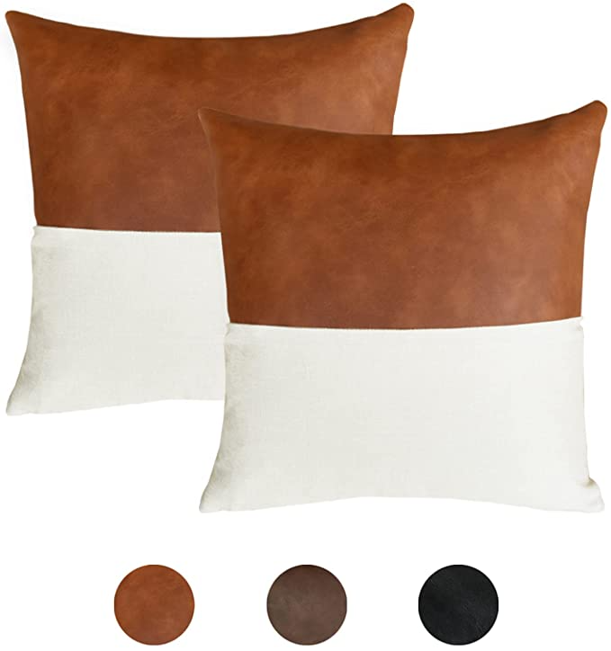 Faromily Cognac Brown Leather Pillow Covers 18 x 18 inch Set of 2 Camel Faux Leather Accent Pillows Square Cotton Linen Decorative Cushion Cases Modern Minimalist.png