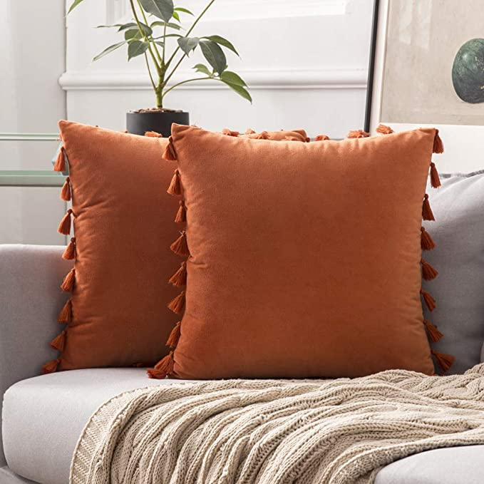 MIULEE Pack of 2 Velvet Soft Solid Decorative Fall Throw Pillow Cover with Tassels Fringe Boho Accent Cushion Case for Couch Sofa Bed 18 x 18 Inch Orange.png