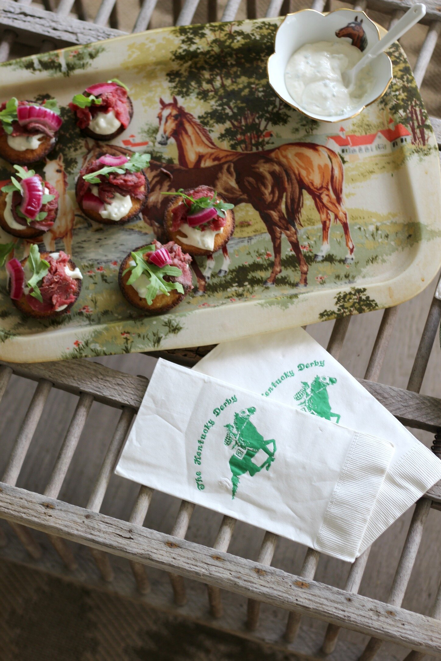 Beef Tenderloin Cornbread Crostini with Horseradish Blue Cheese Sauce