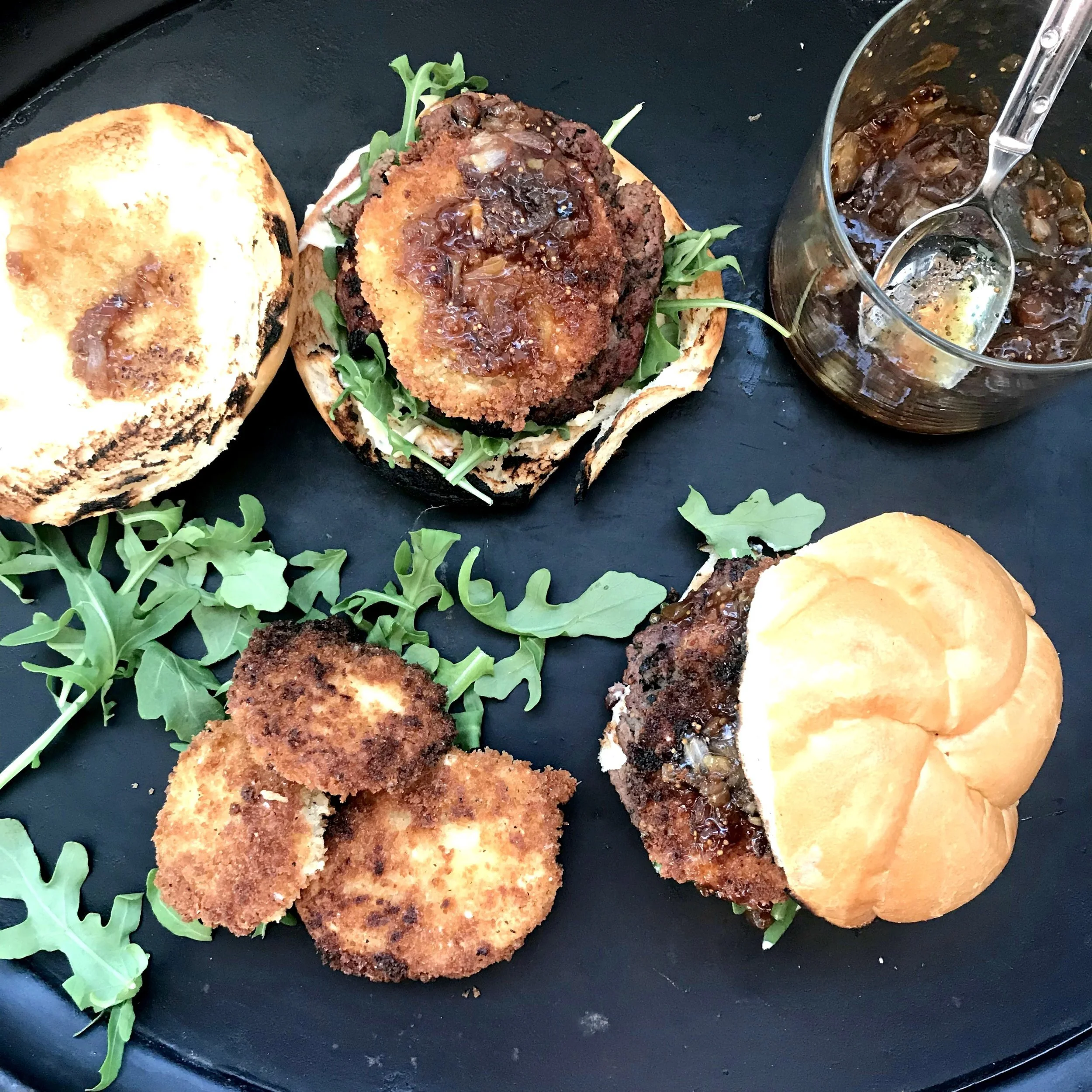 Mustard Burgers with Crispy Fried Goat Cheese + Apricot Onion Jam