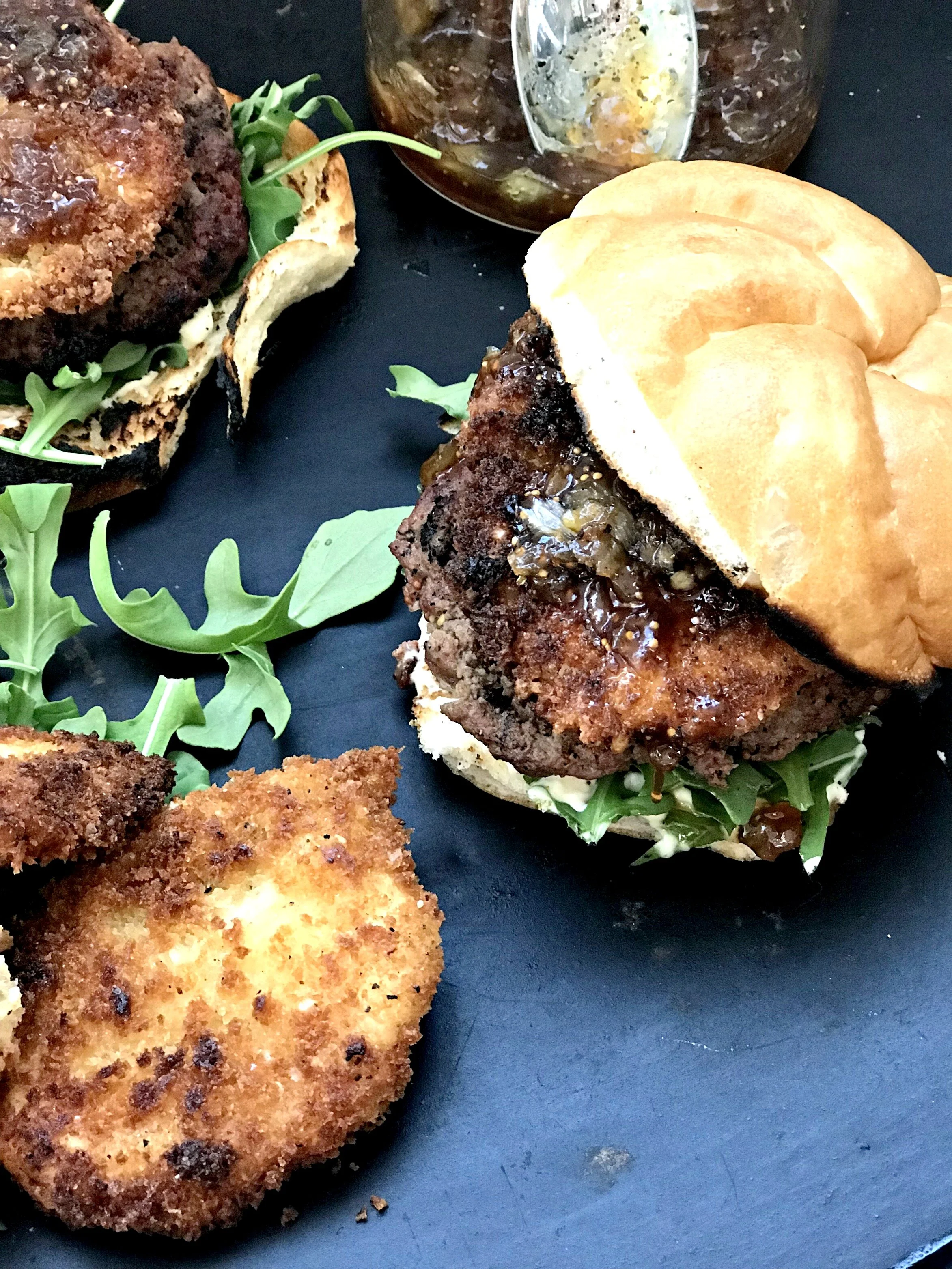 Mustard Burgers with Crispy Fried Goat Cheese + Apricot Onion Jam