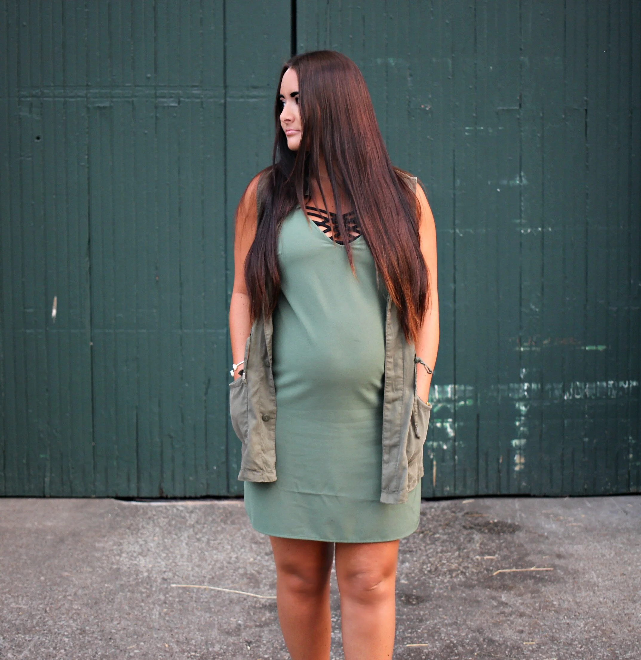 Olive Slip Dress + Utility Vest 