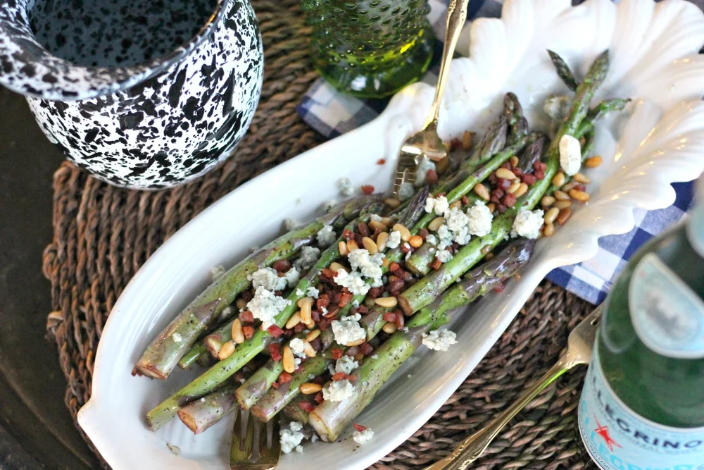 Balsamic Roasted Asparagus with Crispy Pancetta, Pine Nuts, + Blue