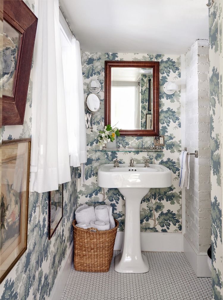  The overall style of this space is totally what I’m envisioning for our bathroom.  A great mix of old and new! I love this wallpaper too! 