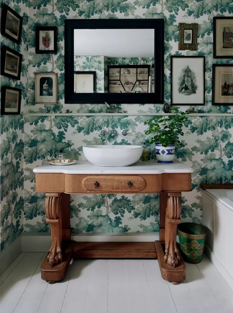  I love the idea of wallpaper for this space!  Whether it is just on the sink wall, ceiling, or entire space!  