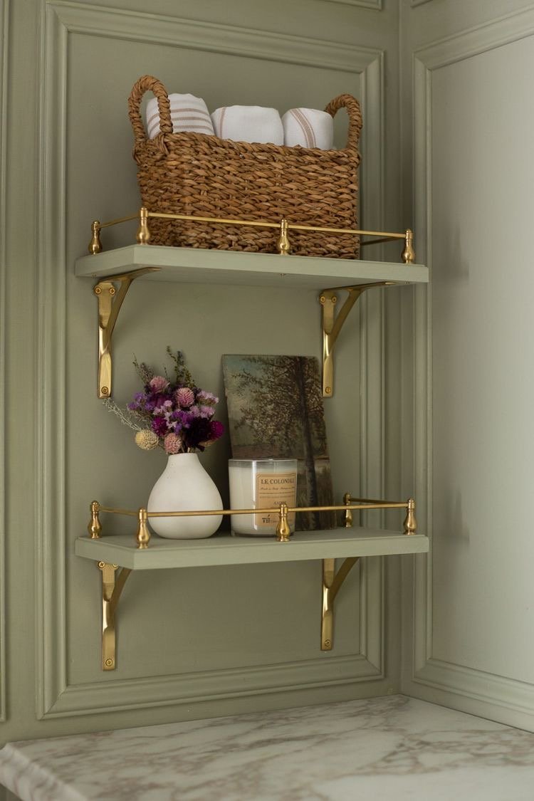  I absolutely love these DIY brass and painted shelves and how they fit in so perfectly with the coordinating wall paint and trim.  This wall color is gorgeous as well! 