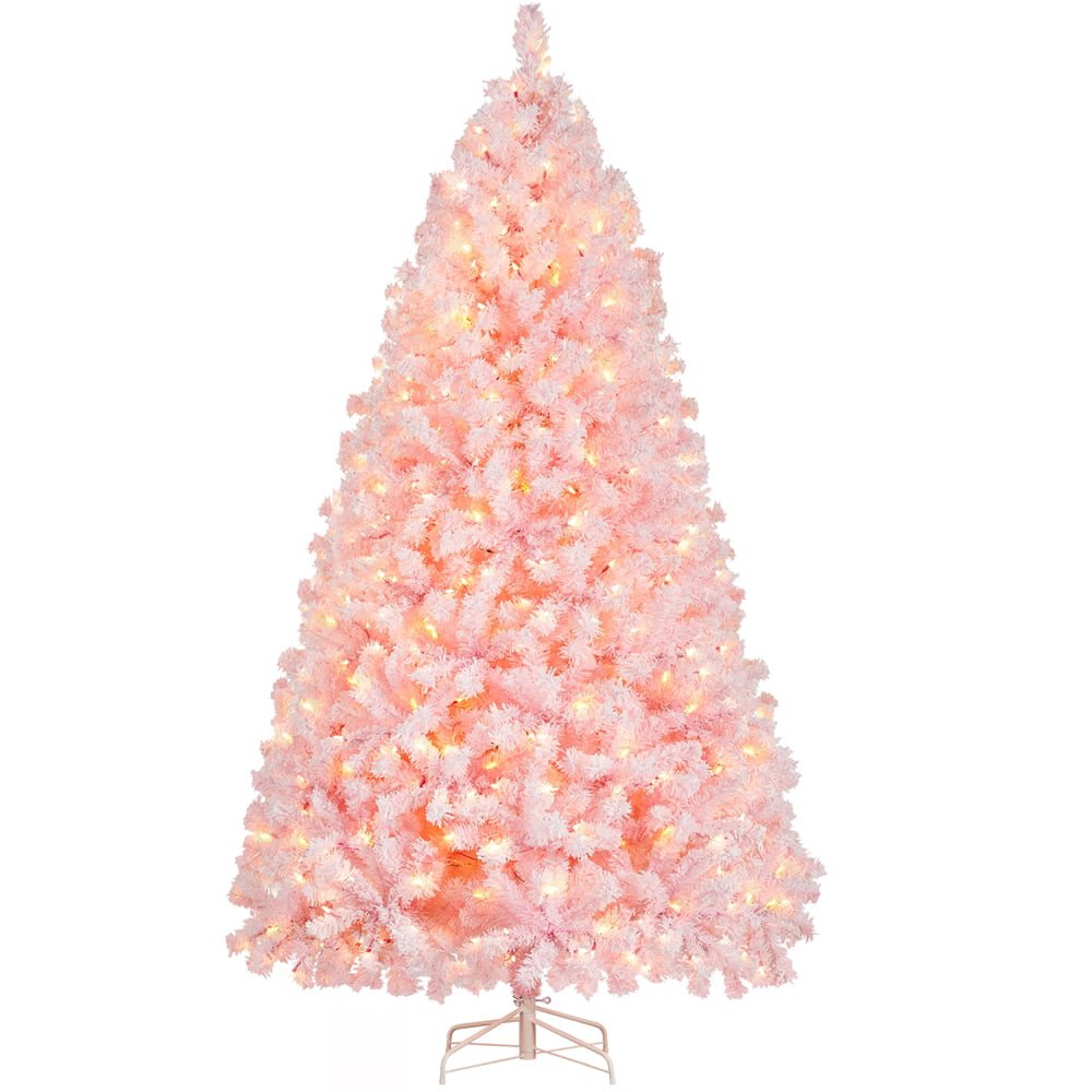Easyfashion Clear Prelit Incandescent Pink Snow Flocked Spruce Decorative Artificial Christmas Tree