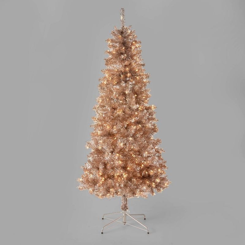 6.5ft Pre-Lit Rose Gold Tinsel Artificial Christmas Tree