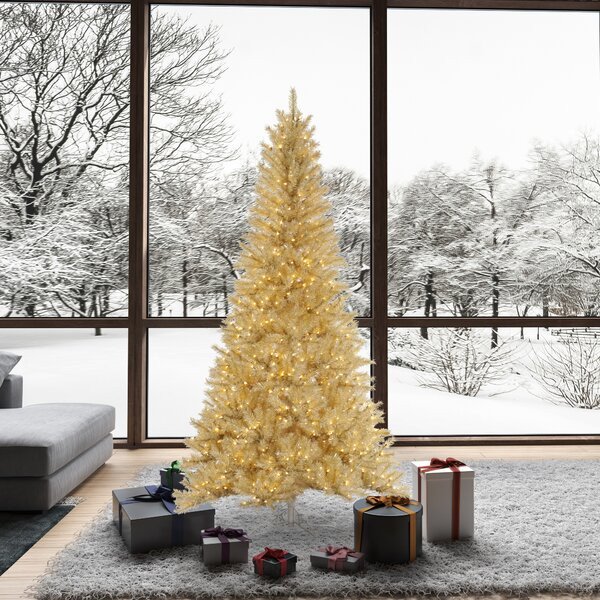 White/Gold Tinsel 7.5' Artificial Christmas Tree with 700 Clear Lights