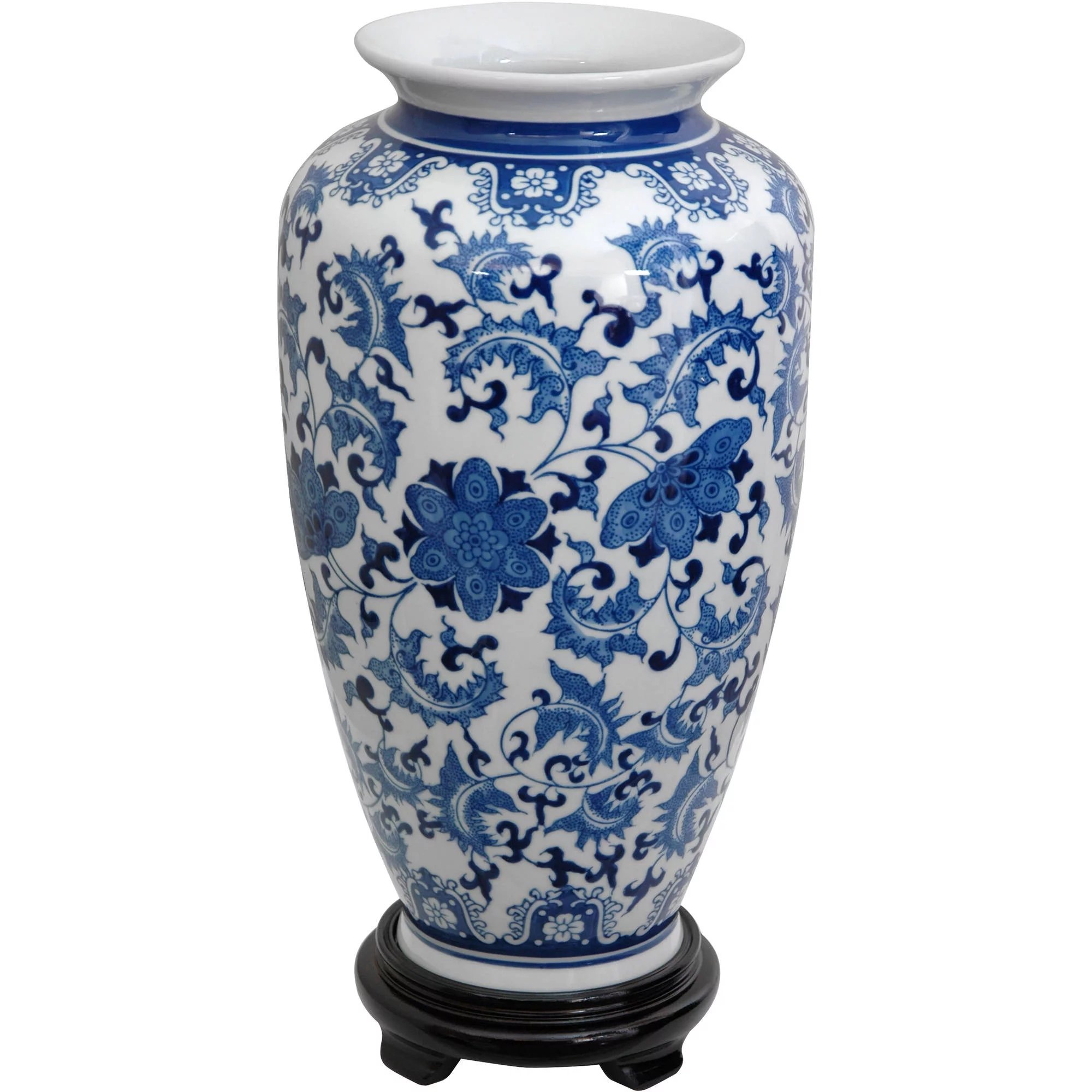 Oriental Furniture 14" Floral Blue &amp; White Porcelain Tung Chi Vase