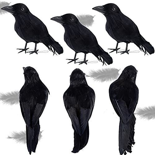 ATDAWN 12 Pack Halloween Black Feathered Crows, Realistic Looking Halloween Birds Decoration