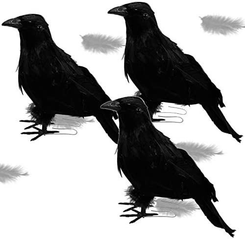 ATDAWN 6 Pack Halloween Black Feathered Crows, Realistic Looking Halloween Birds Decoration