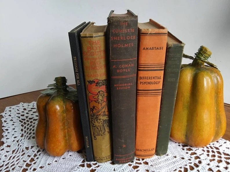 5 Vintage Books, Black and Orange for Halloween or Autumn Decor or to Read - 16779