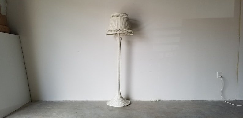 Vintage Palm Beach Style White Wicker Floor Lamp and Shade