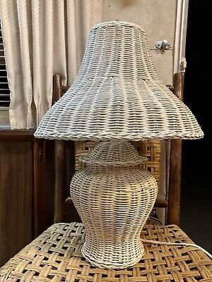 Vintage White Wicker Rattan Working Lamp w/Matching Shade | eBay