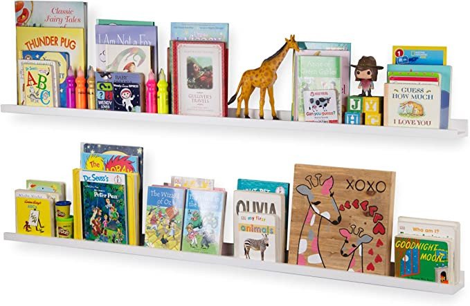 Wallniture Denver Floating Shelves for Kids Room Decor, 60" White Bookshelf for Picture Frames, T...