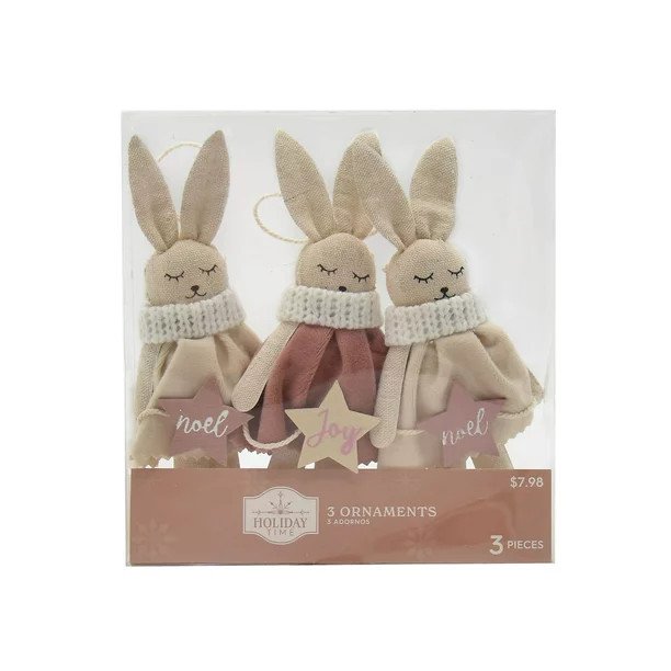 Holiday Time 3pc Adorable White Rabbit with Noel Tag Ornament