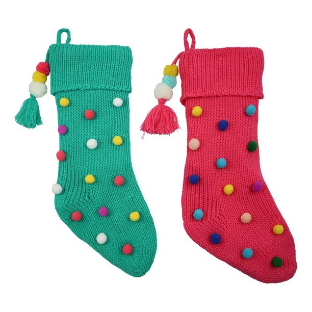Holiday Time 2pack 20inch Christmas Aqua/Pink Knit Stocking, With Colorful Pom Poms