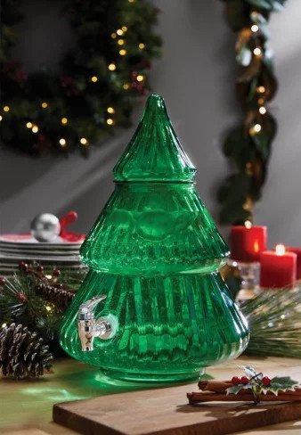 Holiday Time 2.1 Gallon Green Glass Christmas Tree Beverage Dispenser
