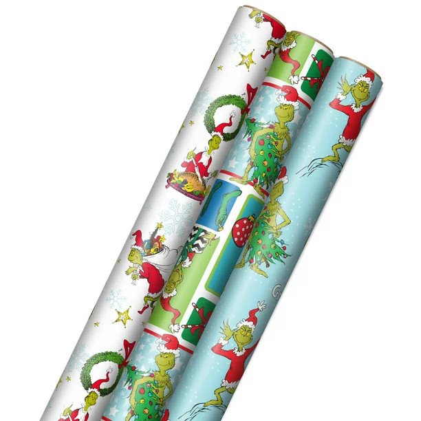 Hallmark Grinch Wrapping Paper for Kids (3 Rolls: 105 Sq. Ft. Ttl) for Christmas with Blue Tiles,...