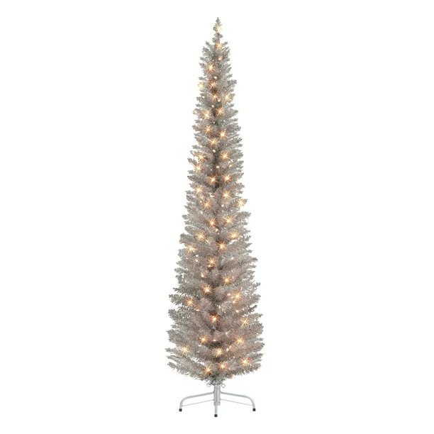 6 ft Pre-lit Rose Gold Tinsel Pencil Tree 250 Tips 100 UL Clear Incandescent Lights